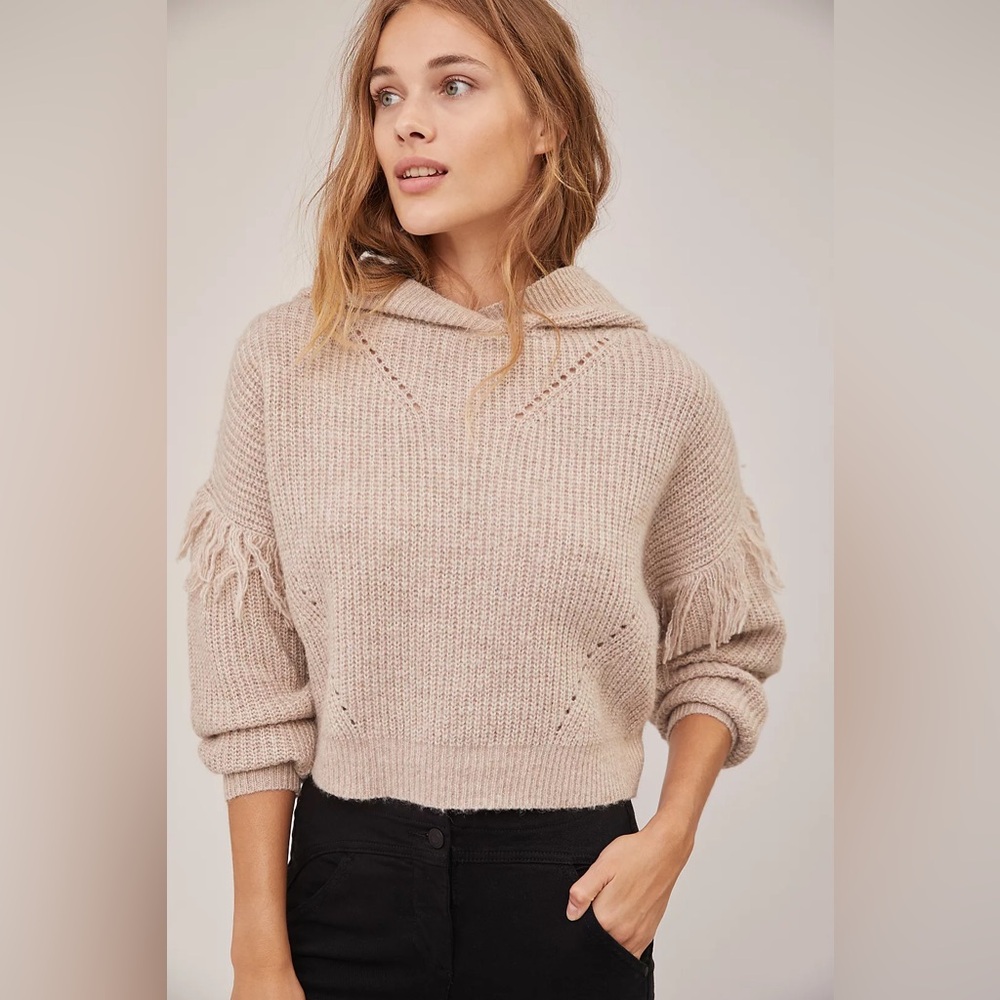 Anthropologie Ali Cropped Hoodie Fringe Sweater Alpaca Wool Blend Oatmeal XS